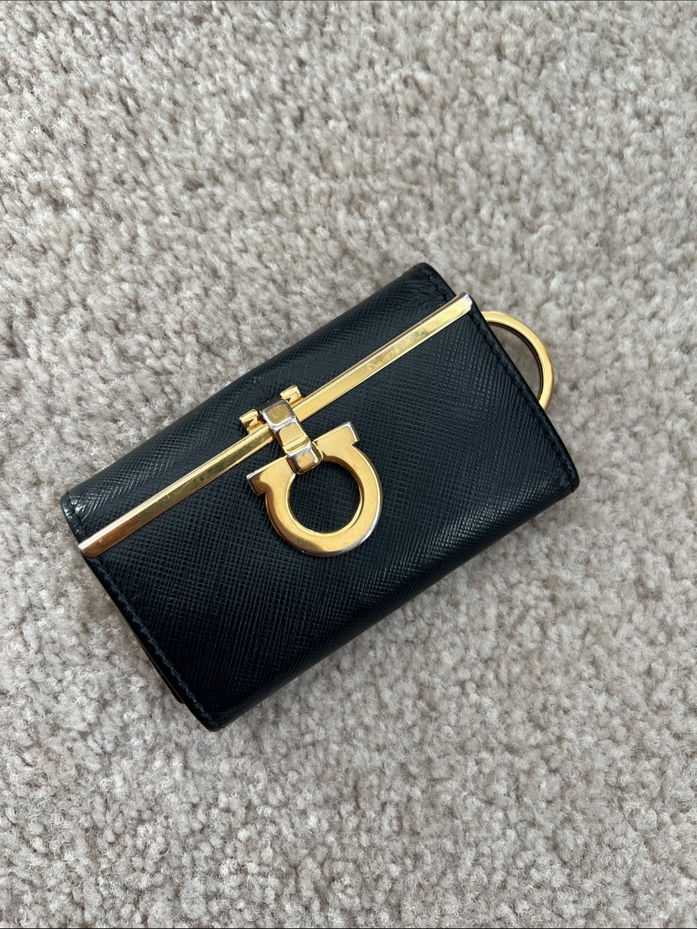 Salvatore Ferragamo Black Leather Key Pouch with Gold Hardware